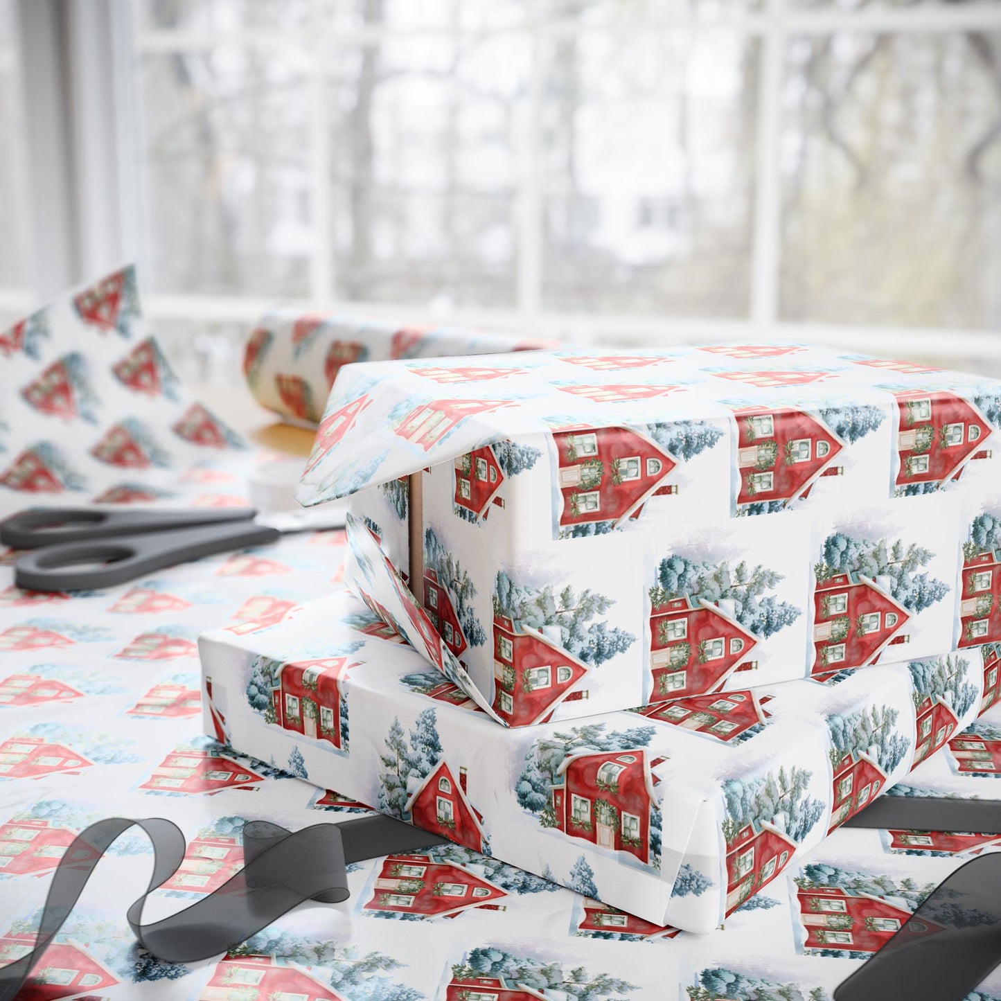 Holiday Wrapping Paper — Picturesque Red House on Snowy Landscape