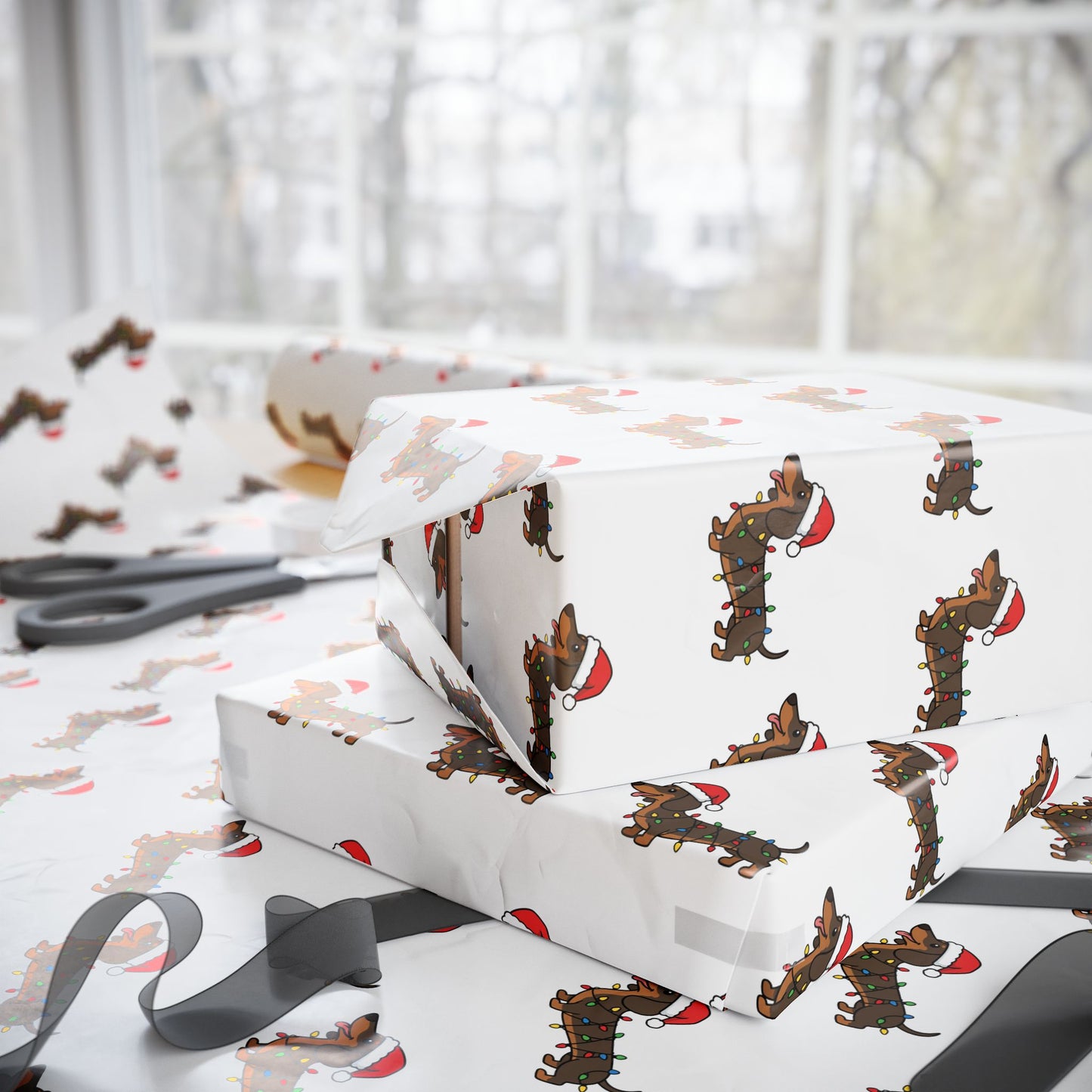 Dachshund Tangled in Christmas Lights Gift Wrap, Cute Dog Lover Holiday Present Christmas Wrapping Paper