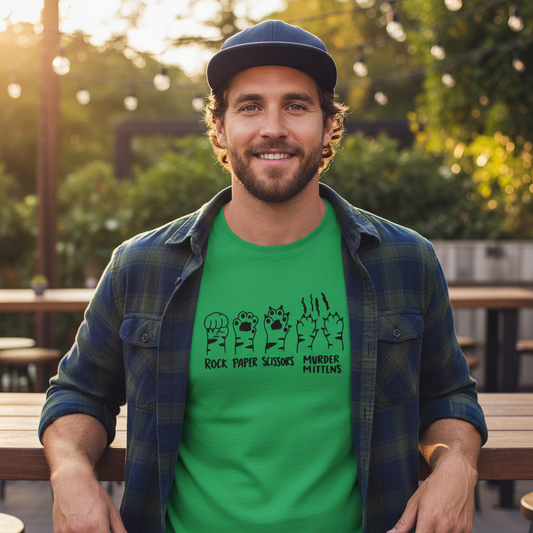 Cat Rock, Paper, Scissors, Murder Mittens T-Shirt – Fun Cat Lovers Tee