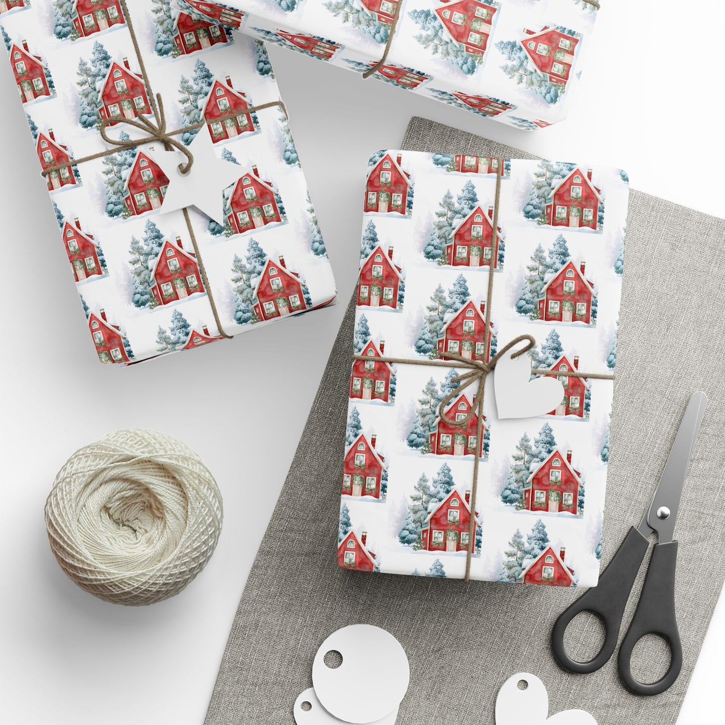 Holiday Wrapping Paper — Picturesque Red House on Snowy Landscape
