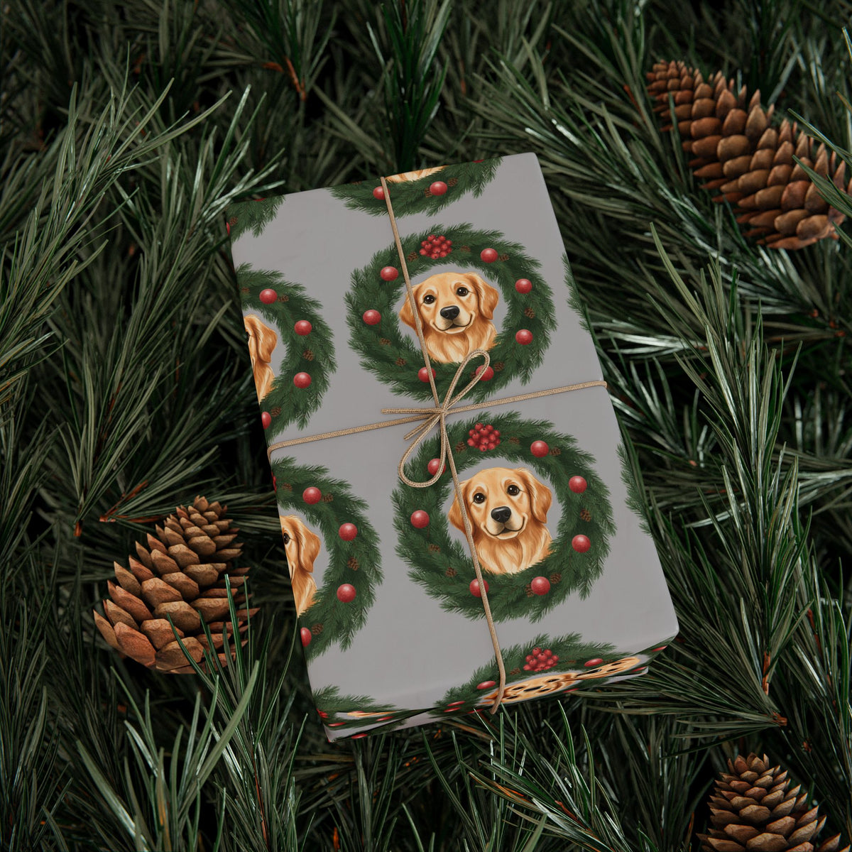 Wrapping Papers, Golden Retriever Wreath Gift Wrap, Dog Lover Holiday Present Packaging, Festive Christmas Wrappers, Cute Pet Theme