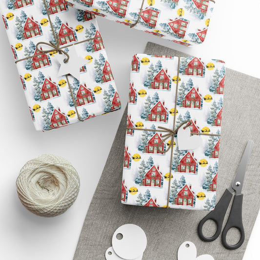 Picturesque Red House on a Snowy Christmas Eve Wrapping Paper